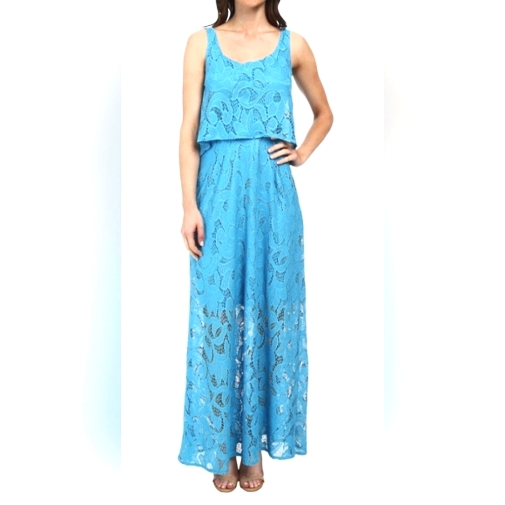 London Times Elegant Turquoise Lace Maxi-Dress, Size 12